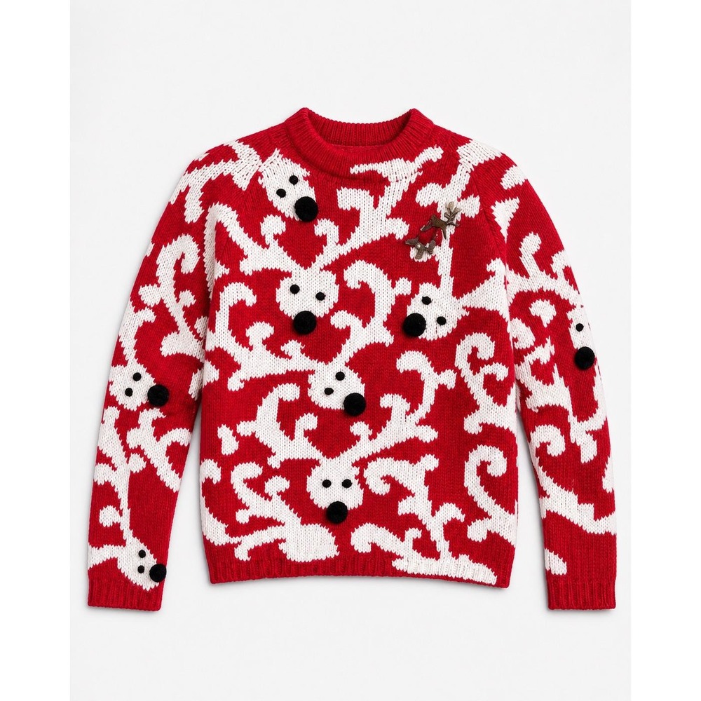 Michael Simon Vintage 90s Red Reindeer Pom Pom Holiday Sweater Womens Large L